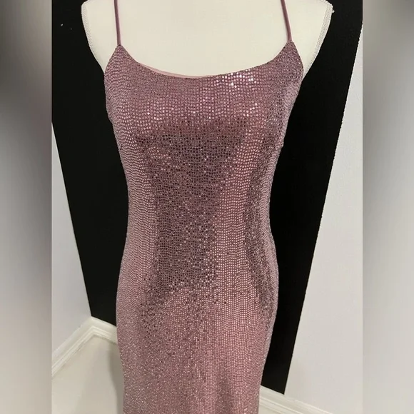 Adam Pink Sequin Maxi Gown Spaghetti Strap Prom - Picture 6 of 13